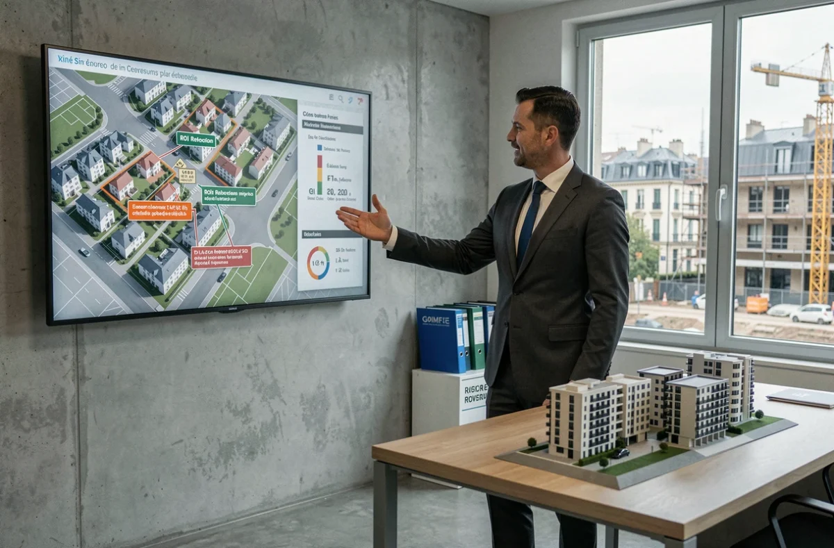 Conseiller en investissement immobilier de 2XL Invest présentant une carte de défiscalisation et de rendements locatifs dans un bureau moderne