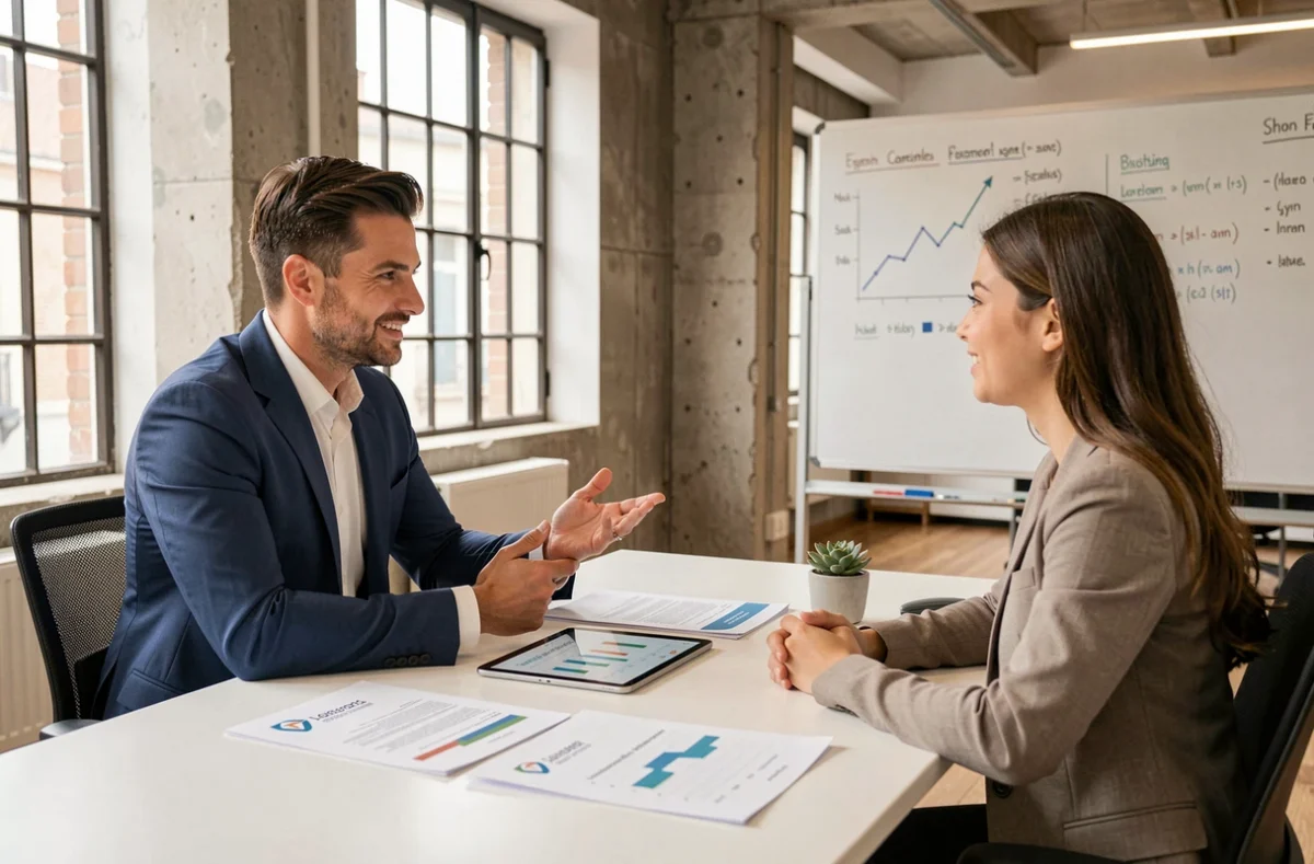 Consultant ABC Patrimoine à Lyon conseillant une cliente dans un bureau moderne au design industriel