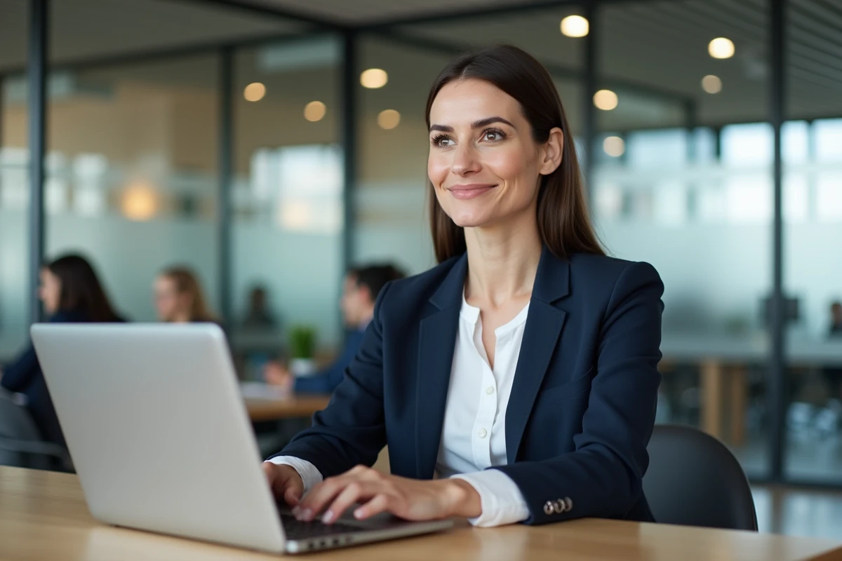 Femme professionnelle consultant son espace avantages salariés sur un ordinateur portable dans un bureau moderne