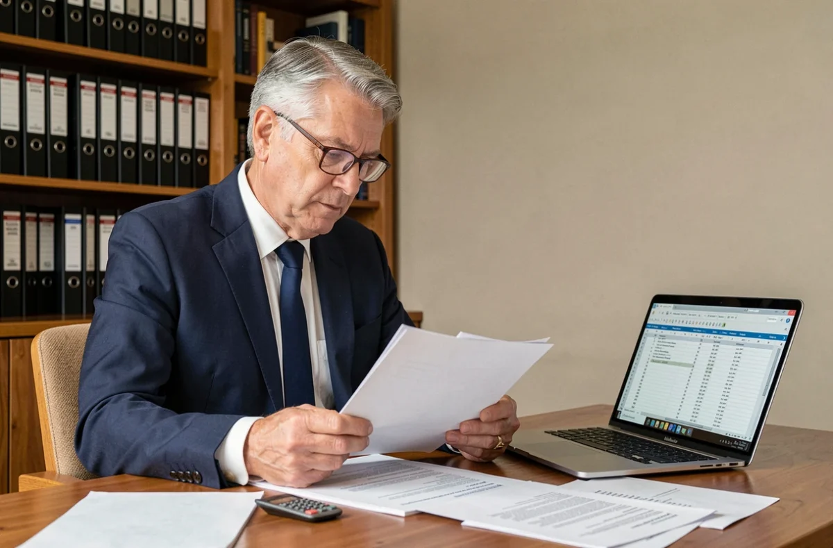 Homme d'affaires analysant des documents financiers liés à l'achat en usufruit de SCPI dans un bureau à domicile