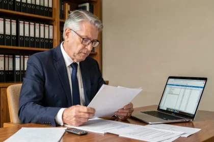 Homme d'affaires analysant des documents financiers liés à l'achat en usufruit de SCPI dans un bureau à domicile