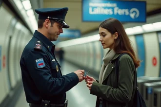 Contrôleur RATP expliquant une amende à une voyageuse dans le métro parisien