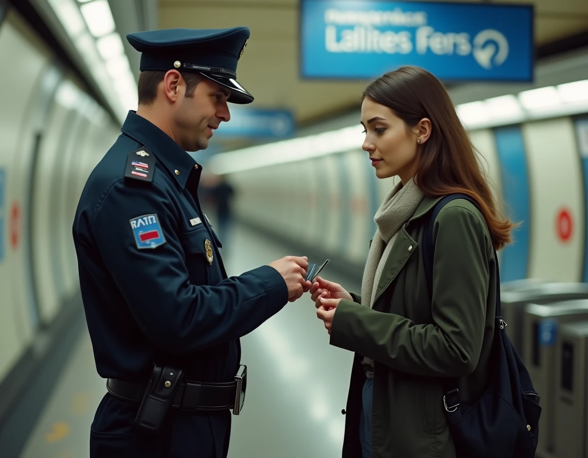 Contrôleur RATP expliquant une amende à une voyageuse dans le métro parisien