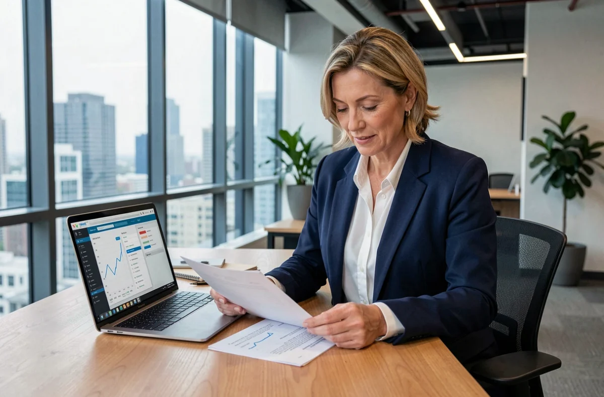 Femme cadre analysant des documents de placement en SCPI dans un bureau moderne avec vue urbaine