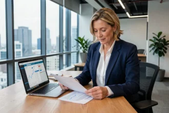 Femme cadre analysant des documents de placement en SCPI dans un bureau moderne avec vue urbaine
