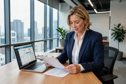 Femme cadre analysant des documents de placement en SCPI dans un bureau moderne avec vue urbaine