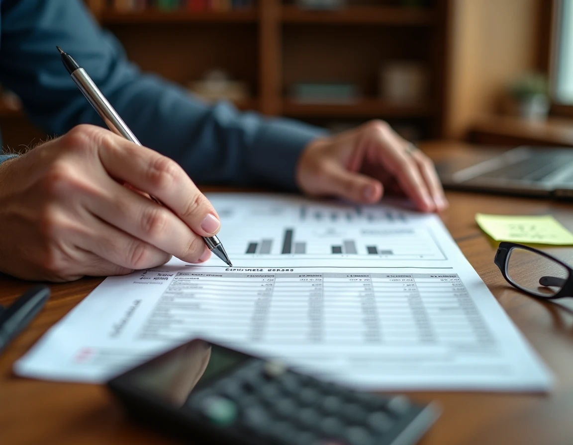 Gros plan sur des mains annotant un rapport financier trimestriel avec des notes manuscrites
