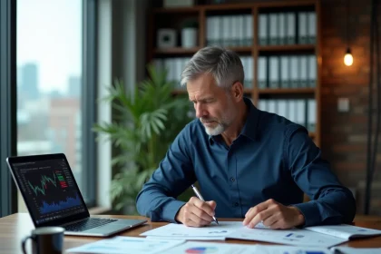 Analyste financier examinant des rapports boursiers dans un bureau moderne avec vue sur la ville