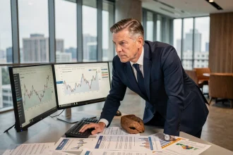 Analyste financier étudiant les résultats trimestriels de SAF sur des écrans de trading en bureau professionnel