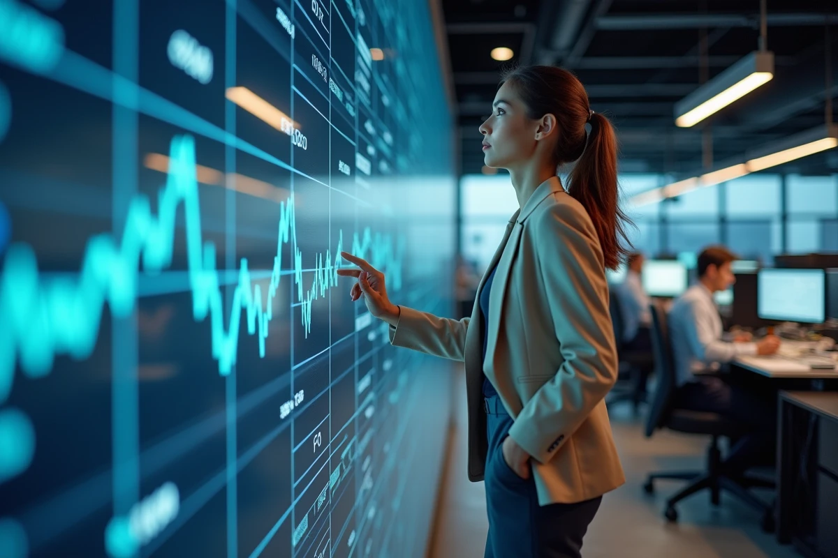Analyste financière debout devant un tableau de bord boursier dans une salle de trading moderne, évoquant l'analyse de l'action EPA CDI de Christian Dior