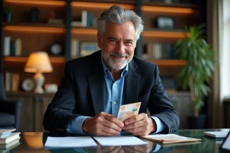 Animateur français comptant des billets d'euros dans un bureau élégant