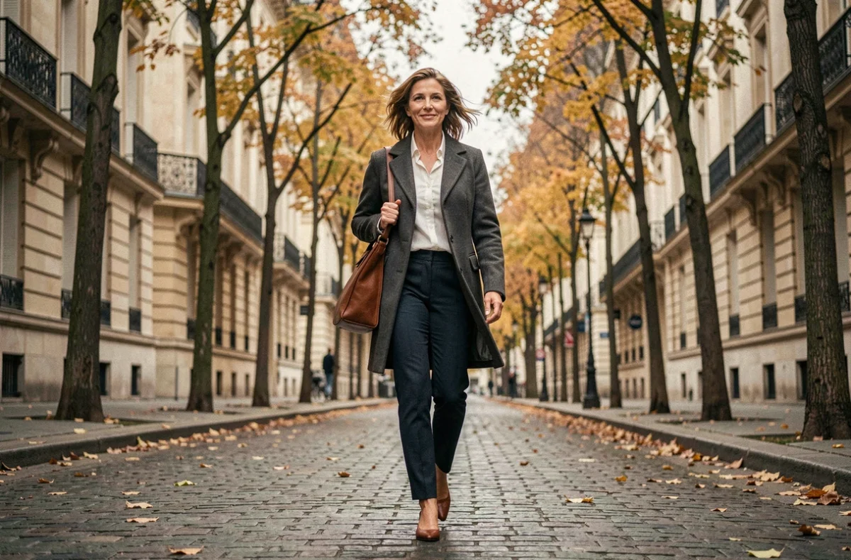 Femme professionnelle marchant sur un boulevard parisien en automne, symbolisant le succès, la carrière médiatique et le style de vie aisé associés à la fortune d'Audrey Crespo-Mara