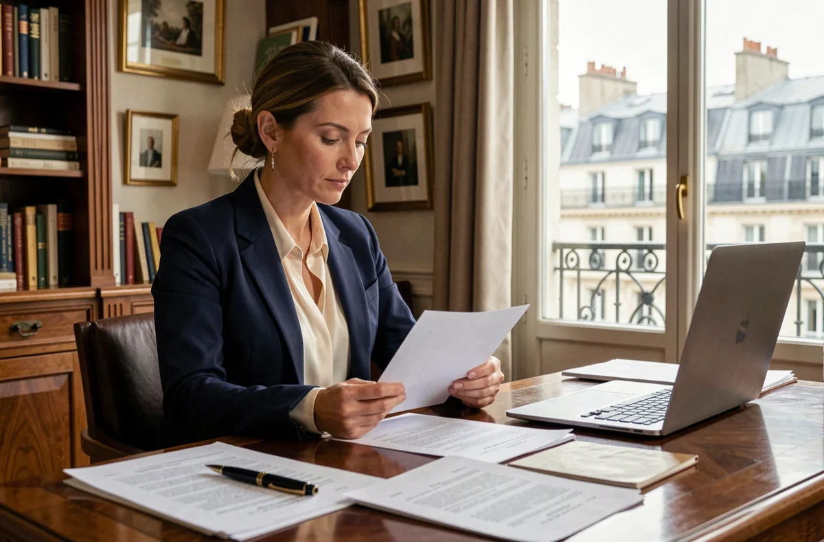 Femme élégante dans un bureau parisien consultant des documents financiers, illustrant la gestion de patrimoine et les investissements d'Audrey Crespo-Mara