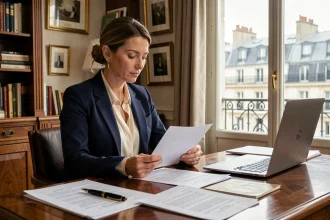 Femme élégante dans un bureau parisien consultant des documents financiers, illustrant la gestion de patrimoine et les investissements d'Audrey Crespo-Mara