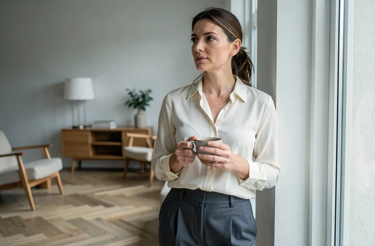 Femme élégante dans un appartement moderne tenant une tasse de café, évoquant la vie privée raffinée et le cadre de vie luxueux associés à la fortune et au patrimoine d'Audrey Crespo-Mara