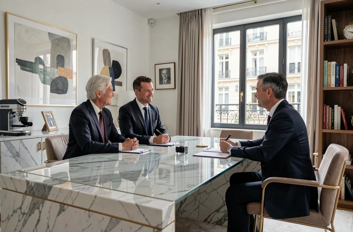 Rendez-vous patrimonial haut de gamme chez Auguste Patrimoine avec un couple fortuné et un conseiller dans un bureau luxueux