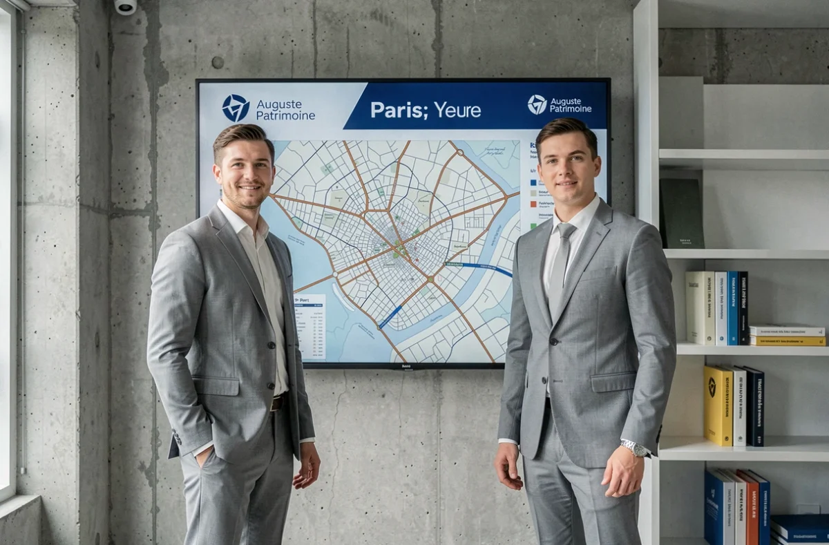 Conseiller Auguste Patrimoine présentant une carte des rendements locatifs parisiens sur un grand écran mural
