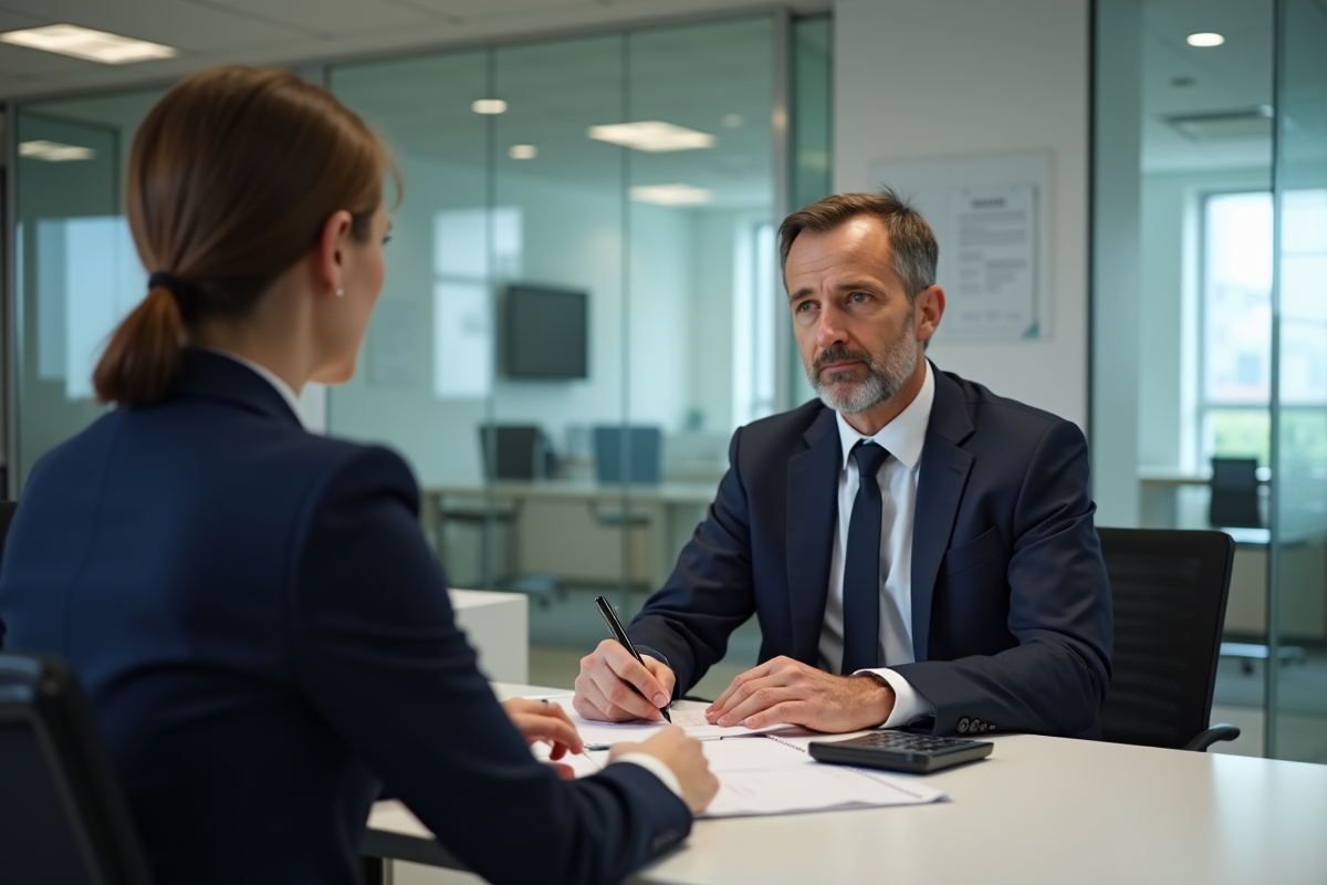 Conseiller bancaire en costume avec une cliente dans un bureau moderne