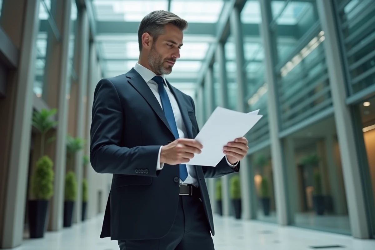 Homme d'affaires en costume sombre dans le hall d'un immeuble de bureaux moderne, symbolisant la réussite financière et l'ascension professionnelle