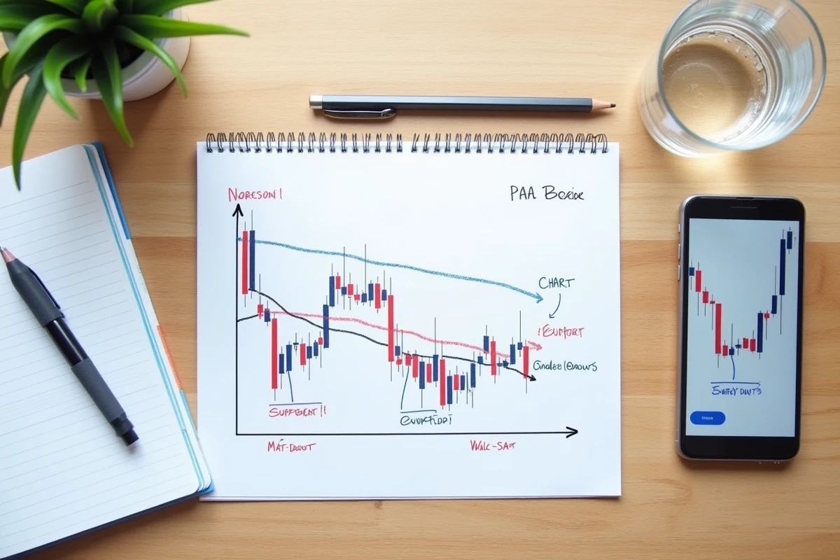 Vue aérienne d'un bureau avec graphique imprimé montrant un double bottom annoté et outils d'analyse pour le swing trading