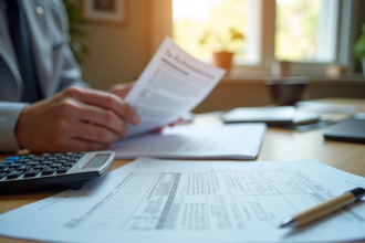 Bureau organisé avec documents financiers et formulaire fiscal