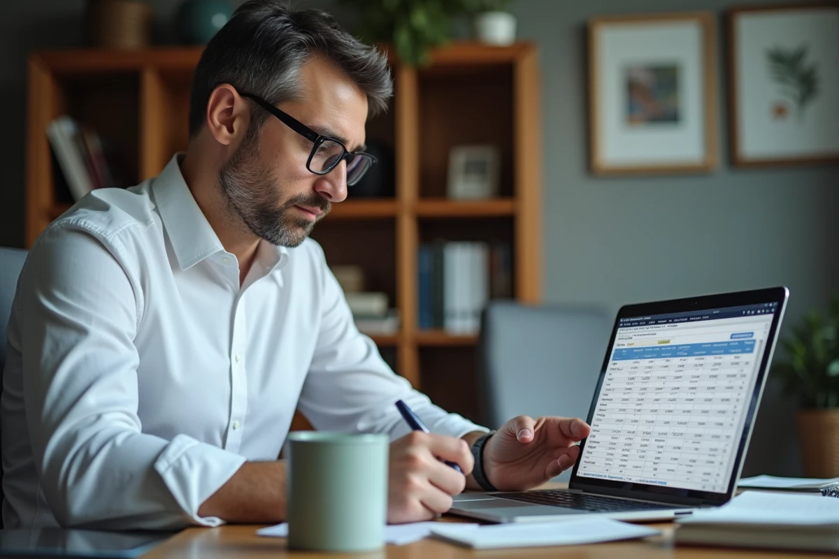 Un cadre analyse un tableau comparatif de salaires nets sur son ordinateur portable dans son bureau à domicile