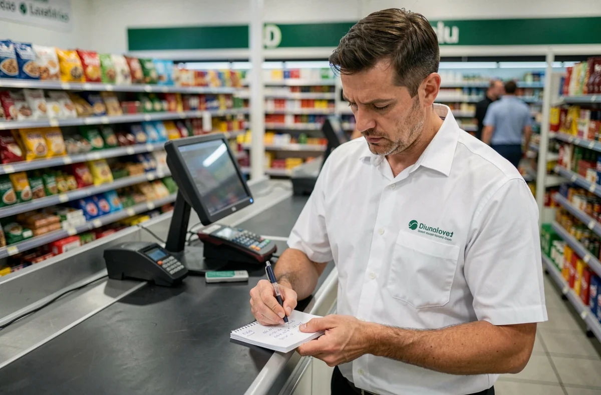 Caissier de supermarché calculant son salaire minimum et son droit à la prime d'activité en 2026