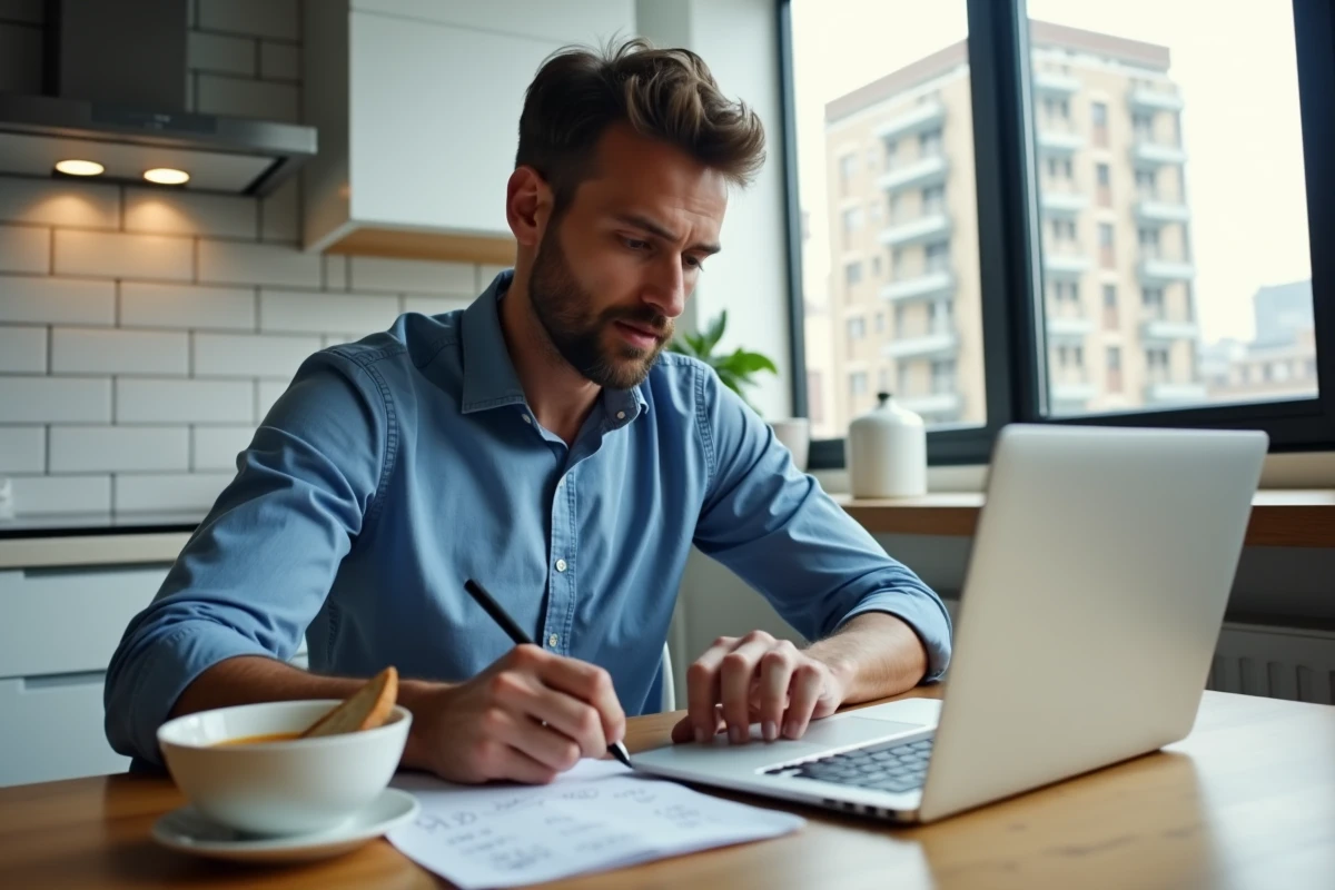 Homme en télétravail calculant ses frais de repas pour la déclaration d'impôts dans une cuisine moderne