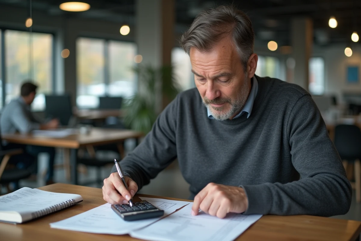 Homme calculant des heures en centièmes sur sa fiche de paie avec une calculatrice dans un espace de coworking