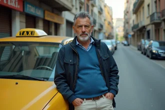 Homme chauffeur de taxi méditerranéen pensif devant son taxi jaune