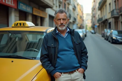 Homme chauffeur de taxi méditerranéen pensif devant son taxi jaune