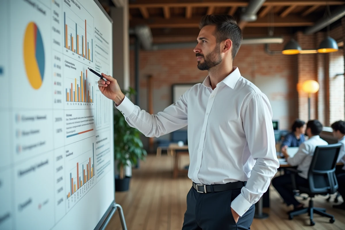 Chef d'entreprise présentant des graphiques de croissance financière sur un tableau blanc dans un bureau moderne, symbolisant la réussite entrepreneuriale