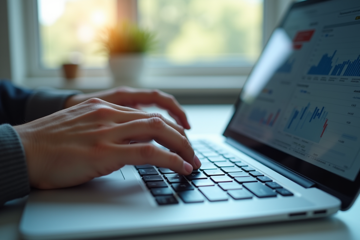Main d’un professionnel saisissant des chiffres sur un clavier d’ordinateur