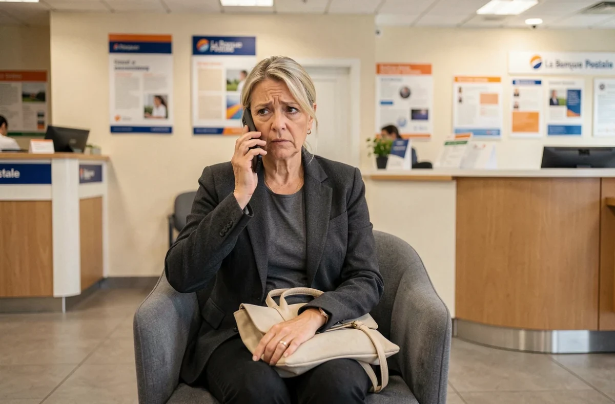 Cliente au téléphone dans une agence Banque Postale pour résoudre un problème de compte ou carte bloquée