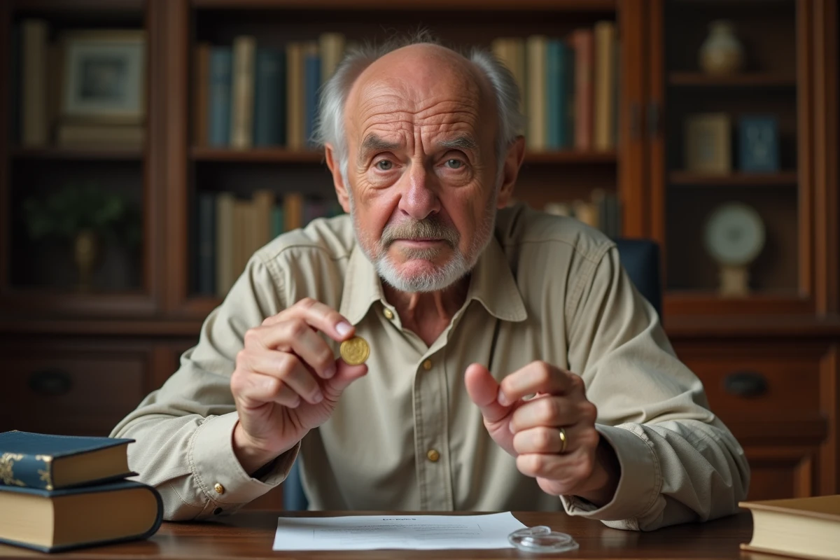 Collectionneur examinant une pièce 50 francs Hercule 1977 dans son bureau