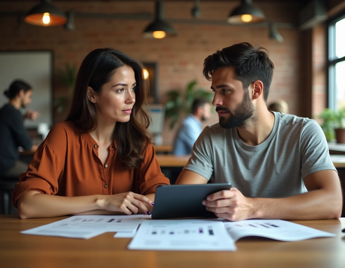 Deux collègues discutant d'une stratégie d'investissement en ETF avec petits montants dans un espace de coworking