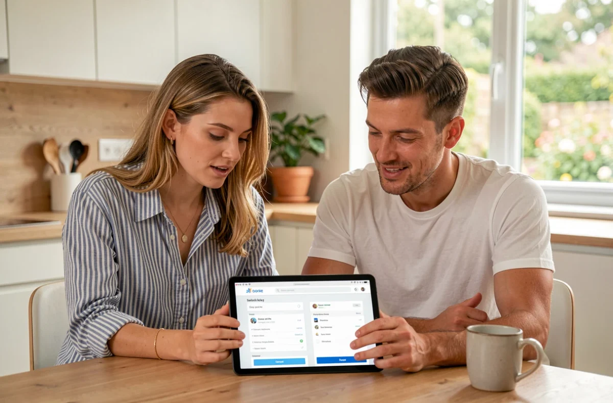 Couple comparant Cyberplus et l'application mobile Banque Populaire Sud Ouest sur une tablette dans leur cuisine