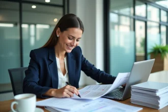 Comptable junior femme analysant des tableaux financiers dans un bureau moderne, illustrant la progression de carrière en comptabilité
