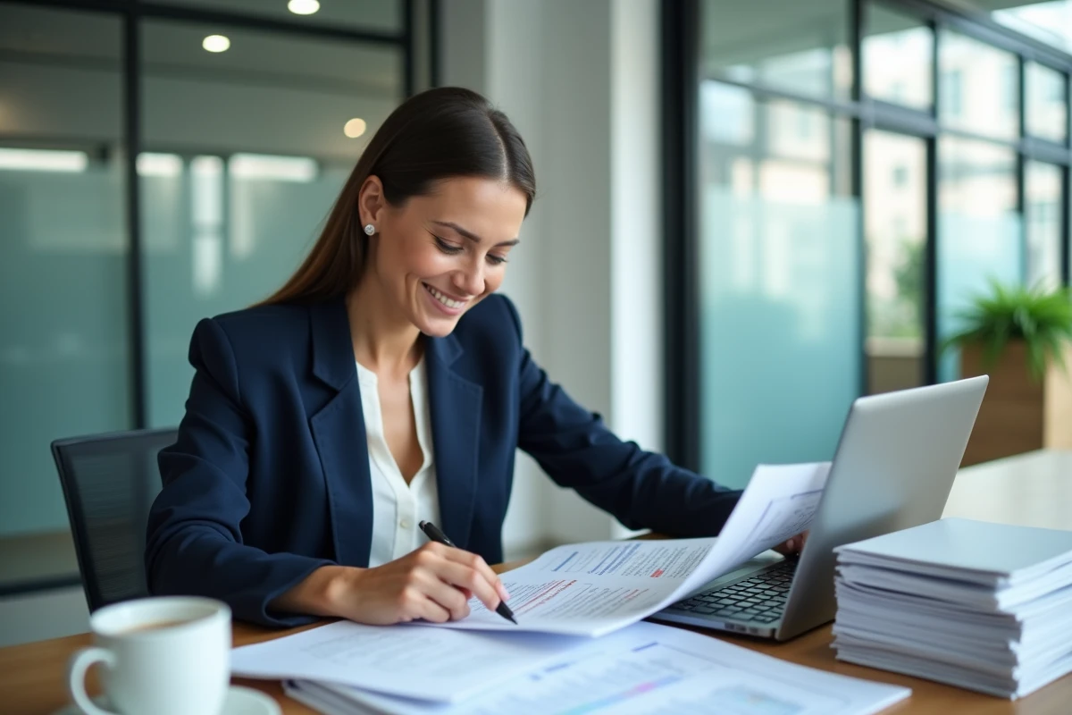 Comptable junior femme analysant des tableaux financiers dans un bureau moderne, illustrant la progression de carrière en comptabilité
