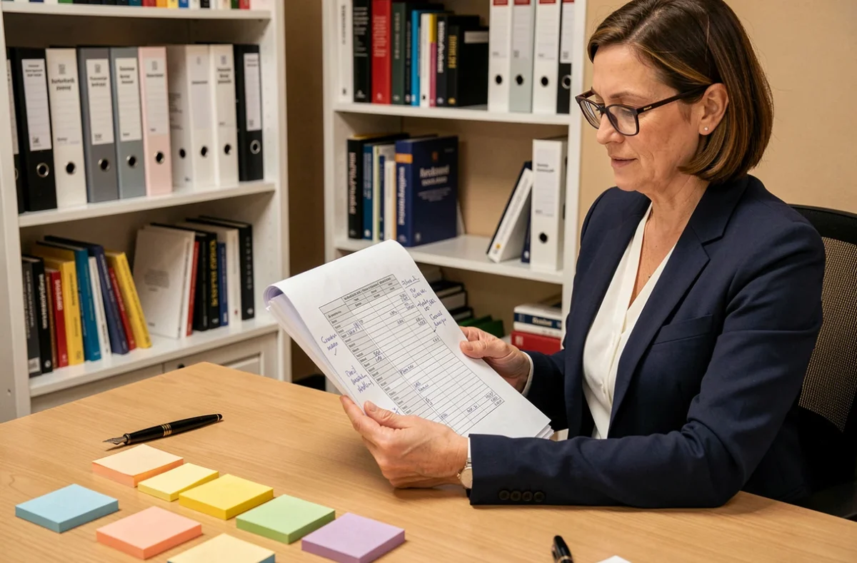 Comptable professionnelle annotant un plan comptable général PCG 2026 imprimé sur son bureau de travail