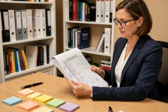 Comptable professionnelle annotant un plan comptable général PCG 2026 imprimé sur son bureau de travail