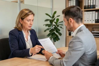 Femme consultant un conseiller en mutuelle santé dans une agence d'assurance moderne, examinant les garanties d'un contrat Mutuelle de France Unie