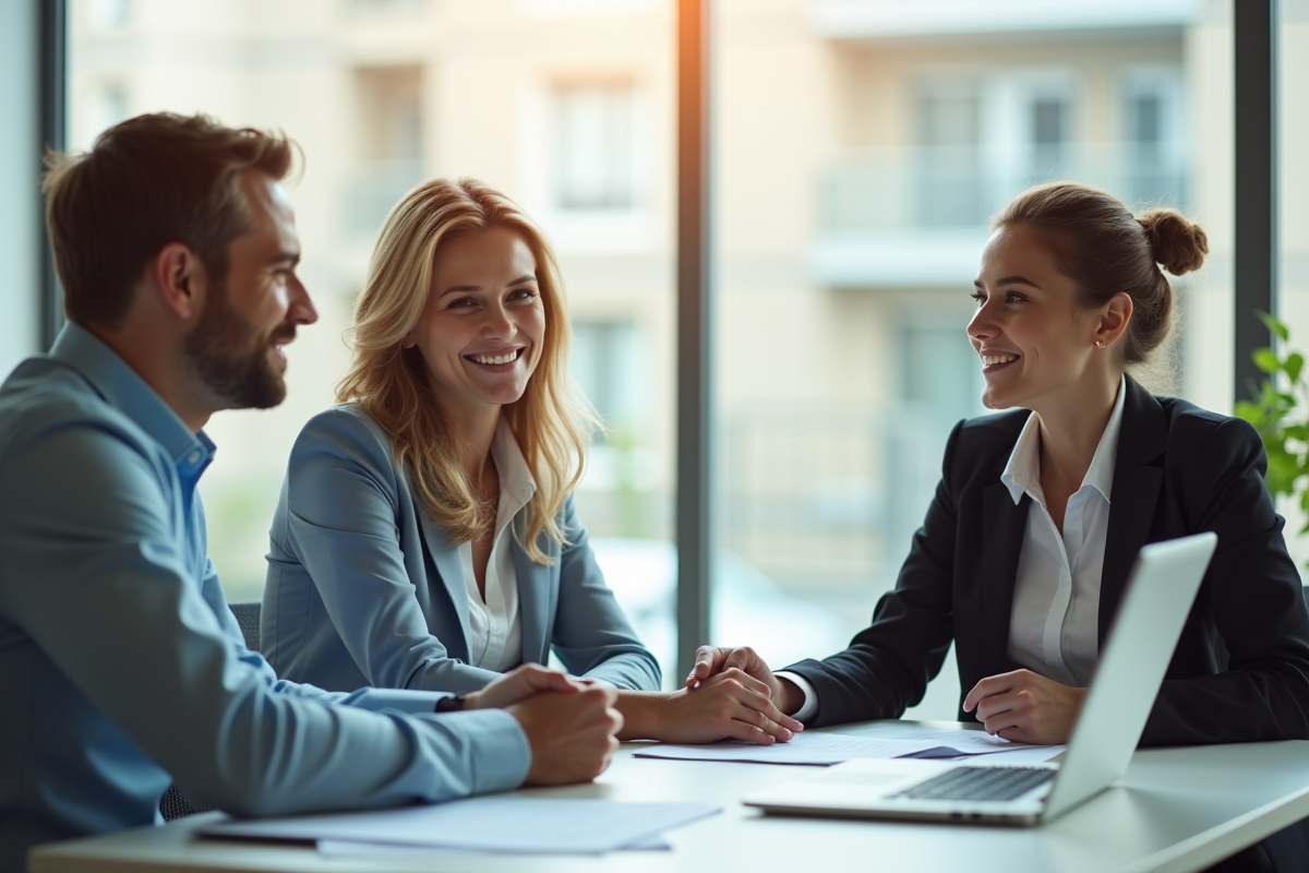 Conseiller bancaire discutant avec un couple dans un bureau lumineux