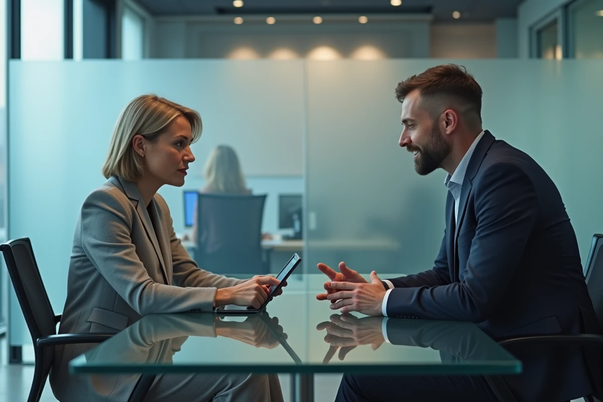 Conseiller bancaire et client discutant des nouvelles fonctionnalités Cyberplus Banque Populaire en agence avec une tablette