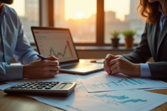 Conseiller financier travaillant à un bureau moderne avec documents et graphiques