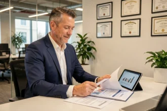 Conseiller financier analysant des parts de SCPI Pierval Santé sur une tablette dans un bureau professionnel