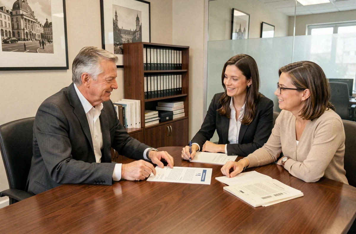 Conseiller financier présentant un prospectus SCPI à un couple lors d'une réunion en cabinet de gestion de patrimoine