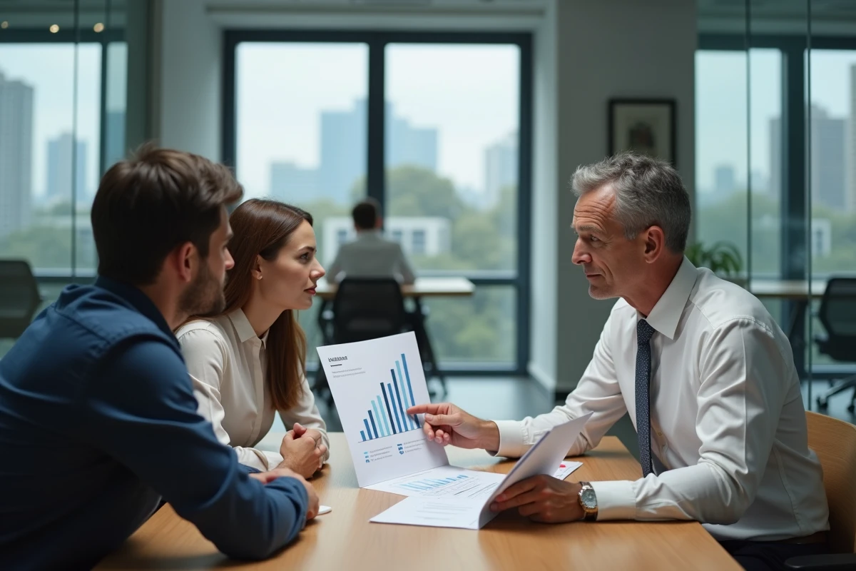 Conseiller financier présentant une simulation de capital d'assurance vie à un couple dans une agence moderne