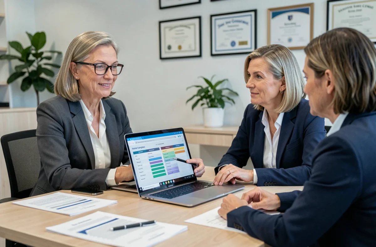 Conseillère financière présentant une comparaison d'assurances accident de la vie à un couple dans un bureau professionnel