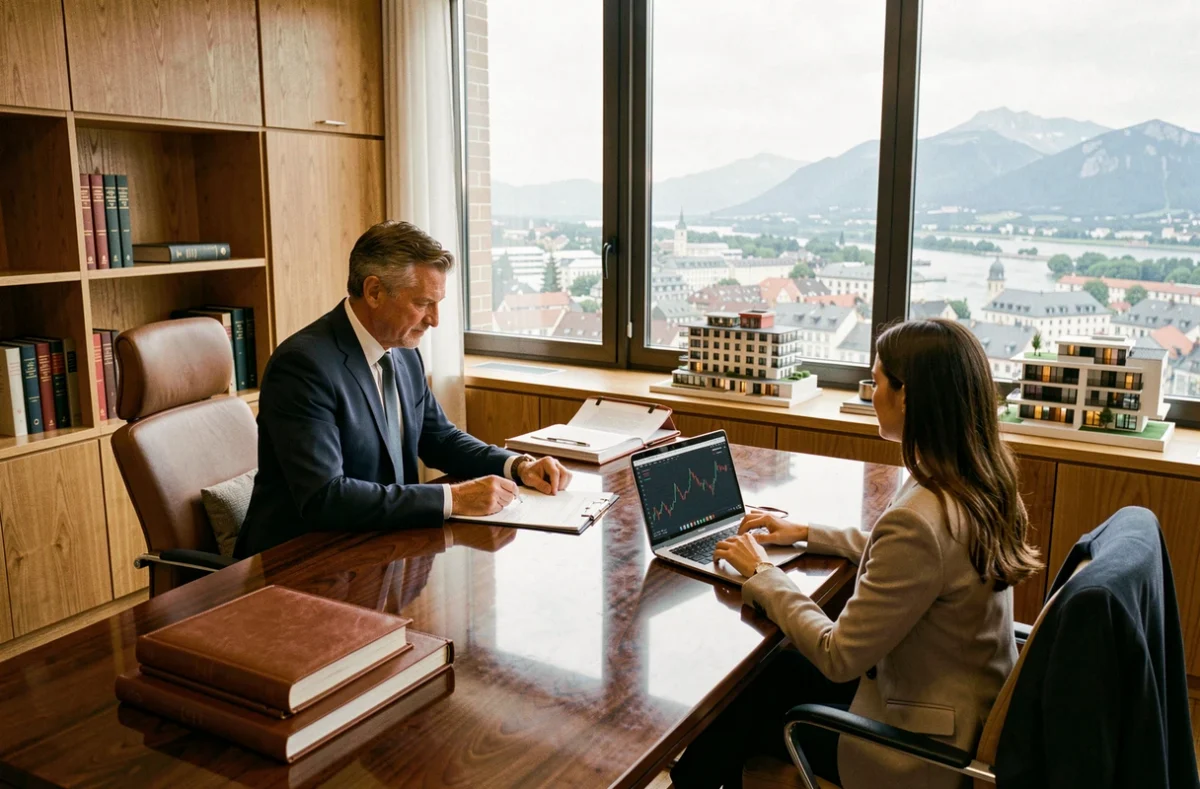 Conseiller en gestion de patrimoine en Auvergne-Rhône-Alpes recevant des clients dans un bureau moderne avec vue sur la ville